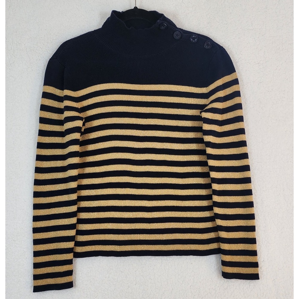 Lauren Ralph Lauren Jeans Co Sweater L Blue Gold Striped Metallic Quiet Luxury